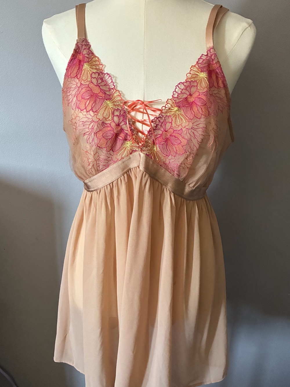Torrid Sheer Lace-Trim Babydoll Chemise in Champagne and Pink 2